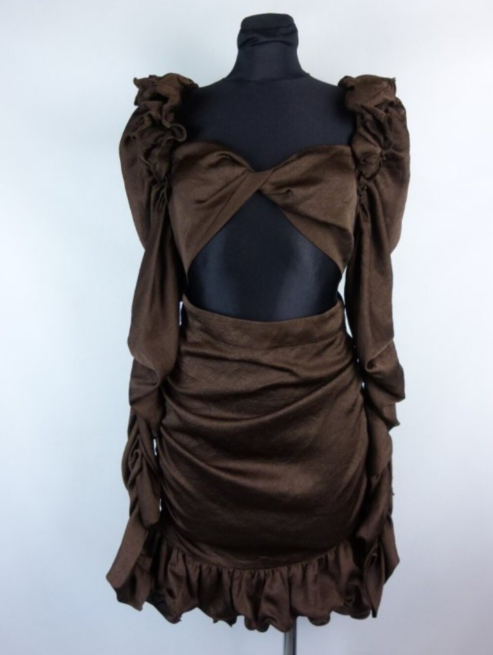PRETTYLITTLETHING Chocolate Shoulder Twist Dress Bust Front Cut Out Ruche